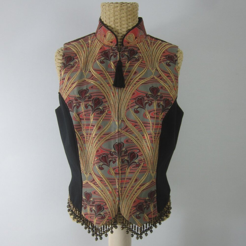 Vtg TAPP New York Womens M Black Gold Red Asian Iris Floral Zip Vest Lace Beaded